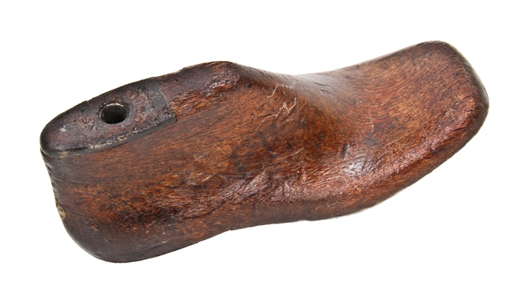 nicely worn early 20th century antique american walnut wood shoemaker or cobbler shoe form with mounting hole 