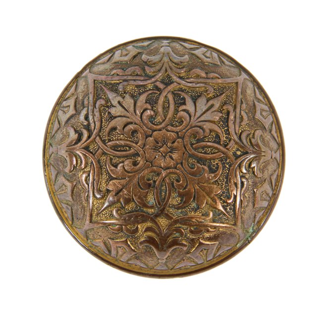 elegantly designed c. 1870's antique american ornamental cast bronze interior residential banded rim doorknob with largely intact aged patina 
