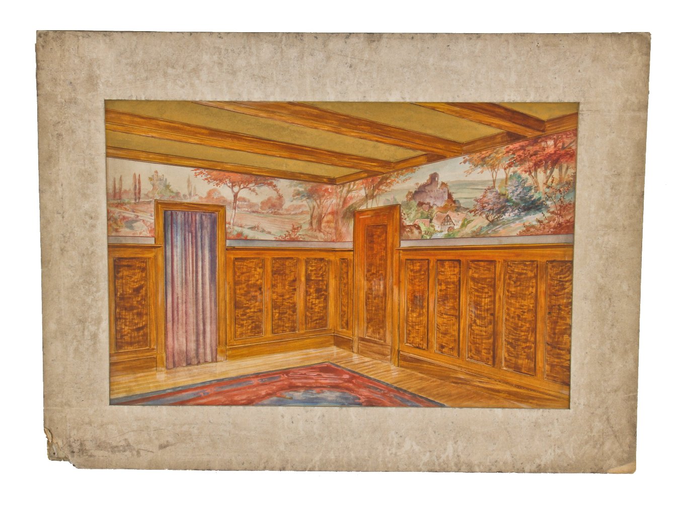 unsigned early 20th century mounted polychromatic watercolor interior residential architectural rendering	