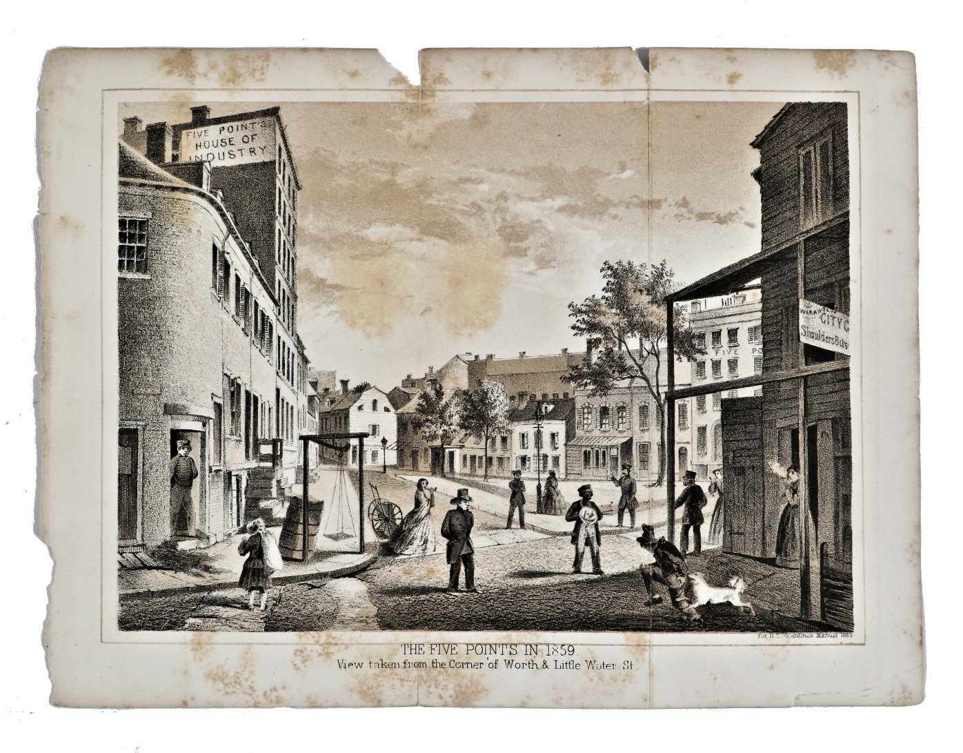 hard to find antique original mid-nineteenth century black and white lithograph fold out print illustrating a street level view of new york city's 