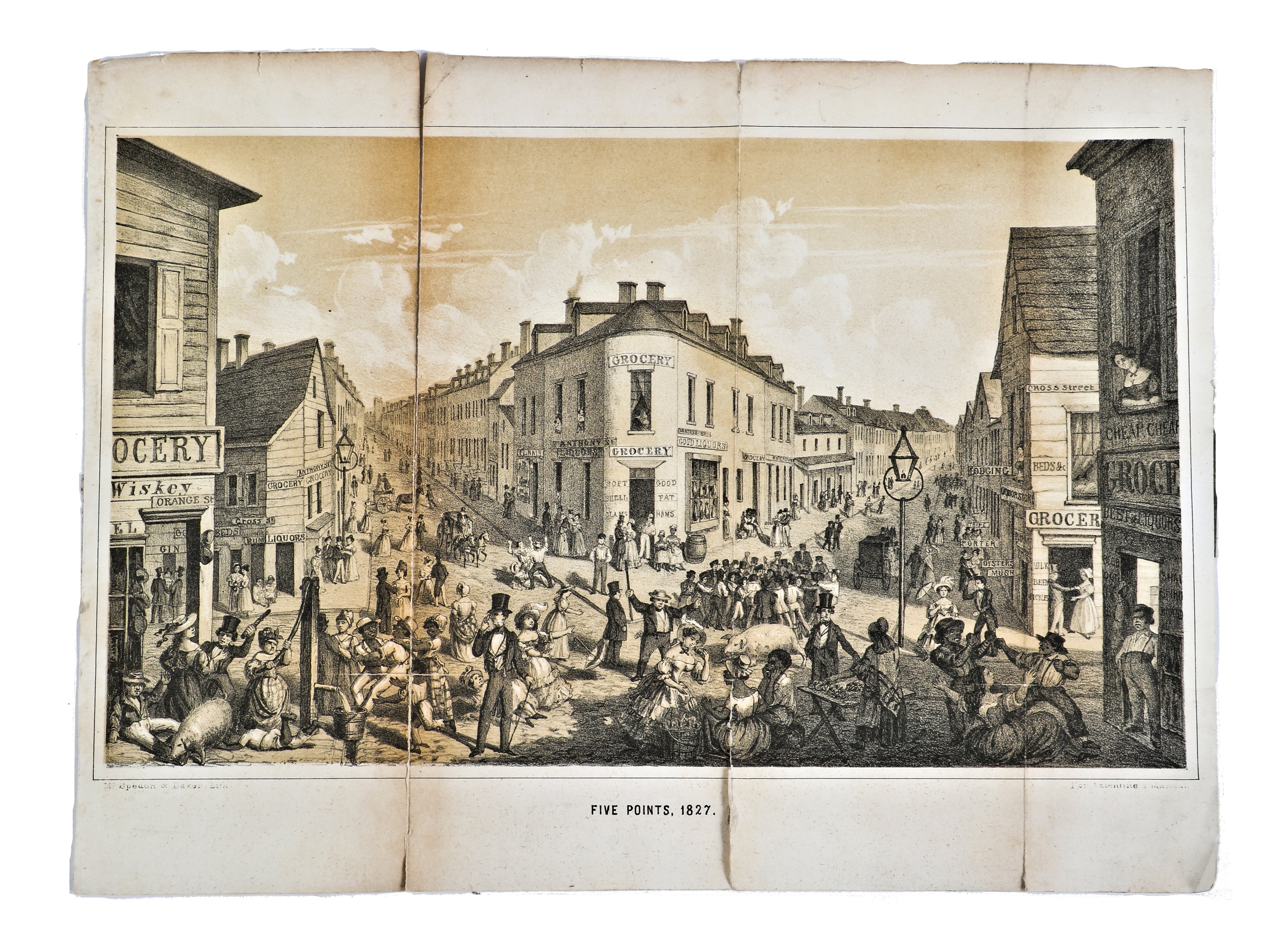 hard to find antique original mid-nineteenth century black and white lithograph fold out print illustrating a street level view of new york city's 