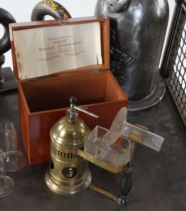  c. 19th century all original and intact antique american medical "phenix" steam atomizer with glassware, instructions and hinged hardwood box
