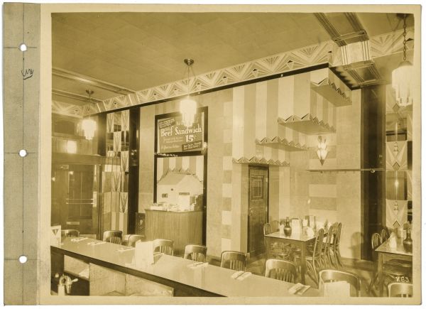 rare 1930s webster brothers linen-backed photographic image of the art deco style triangle resatuarant, located at 57 w. randolph street, chicago, il