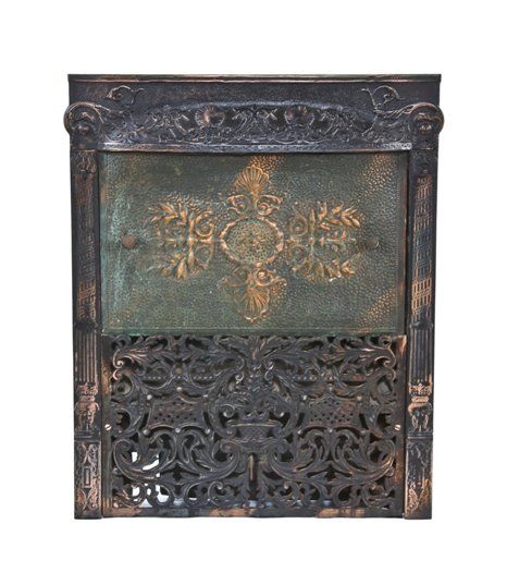 largely intact 19th century american antique victorian era ornamental cast iron oxidized copper-plated interior residential fireplace gas insert 
