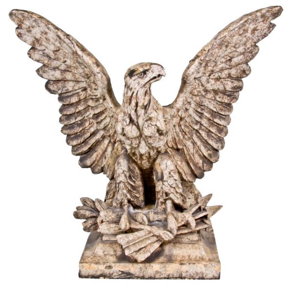 original and intact american stand-alone c. 1917 figural white glazed terra cotta spread-winged eagle perched on arrows 
