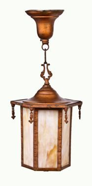 original and remarkably intact early 20th c. antique american six-sided interior residential pendant with slag glass panels