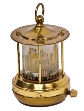 remarkably intact and highly collectable original c. 1933-34 art deco style yellow brass "century of progress" souvenir lantern