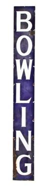 rare early 20th century cobalt blue porcelain enameled single-sided bowling alley building facade sign