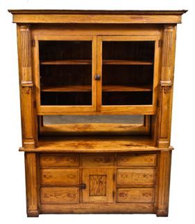 remarkable salvaged chicago freestanding 19th century double-section golden oak interior residential built-in cabinet with fluted pilasters