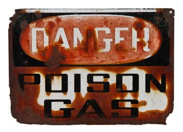 original and remarkably intact c. 1940's antique american industrail salvaged chicago unusual single-sided vintage industrial cautionary "poison gas" factory sign