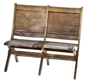 nicely worn and weathered early 20th century industrial salvaged tandem two-seat benwood theater folding chairs