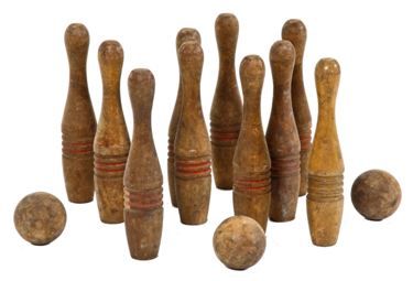very unique early 20th century primitive american maple wood ten pin bowling game set