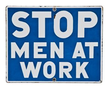 original and remarkably intact witty c. 1940's single-sided "men at work" porcelain enameled die cut steel cautionary sign