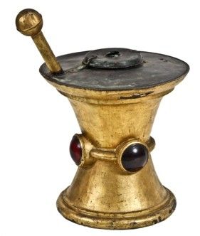 all original incredibly rare c. 19th century american exterior gilded wrought copper druggists' illuminated mortar & pestle trade sign with oversized glass rondels