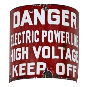 original and remarkably intact very unique c. 1920's antique american salvaged chicago vintage industrial single-sided porcelain enameled overhead power line utility pole danger sign