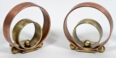 original c. 1930's machine age two-tone copper and brass von nessen concentric ring bookends