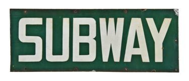 original c. 1930's green porcelain enameled new york city subway kiosk sign