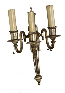 pair intact and beautifully ornamented late victorian century silver plated pewter three arm interior residential wall sconces