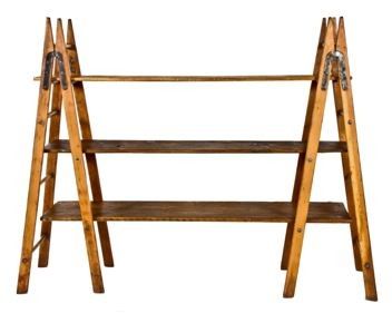 fully functional repurposed antique american industrial three-tier bookself supported by two opposed a-frame goshen ladders with wood dowel rungs