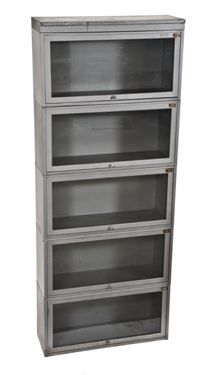 original gray painted c. 1940's stackable 5-unit barrister steel bookcase with drop down glass doors