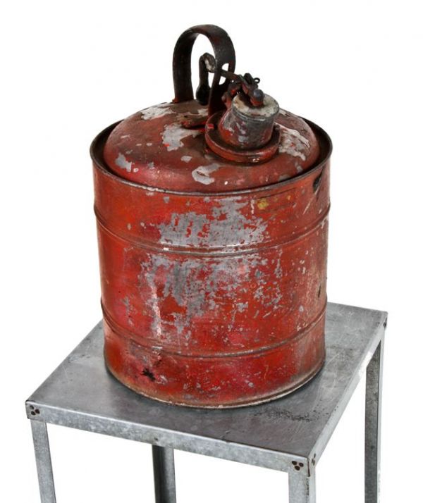 original c. 1930's american industrial reinforced red enameled galvanized steel "justrite" safety can with intact spring-loaded spout lid