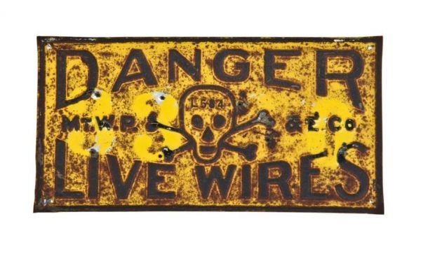 original c. 1920's single-sided nicely weathered enameled die cut steel "live wires" cautionary sign with skull & crossbones symbol 