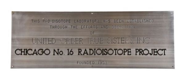 unusual original c. 1953 single-sided solid steel "radioisotope project" laboratory dedication wall plaque 