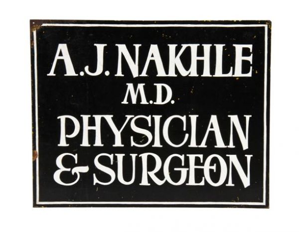 original and intact unique depression era american antique double-sided heavy gauge steel hand-painted hanging medical doctor trade sign 