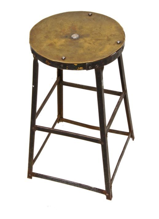 unusual and remarkably intact c. 1940's vintage industrial salvaged chicago riveted joint angled steel stationary stool with bronze seat