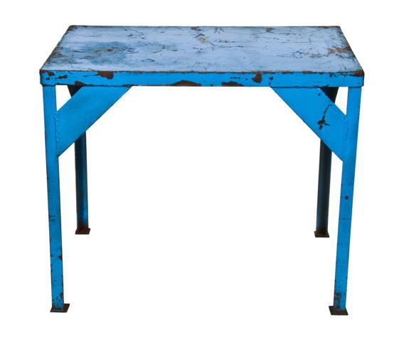 remarkable original c. 1930's bright blue enameled vintage industrial four-legged machine shop table with welded joint cross-bracing