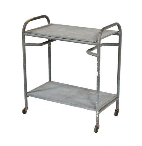 c. 1940's american vintage medical bent tubular steel mobile hospital supply cart with old gray paint finish 
