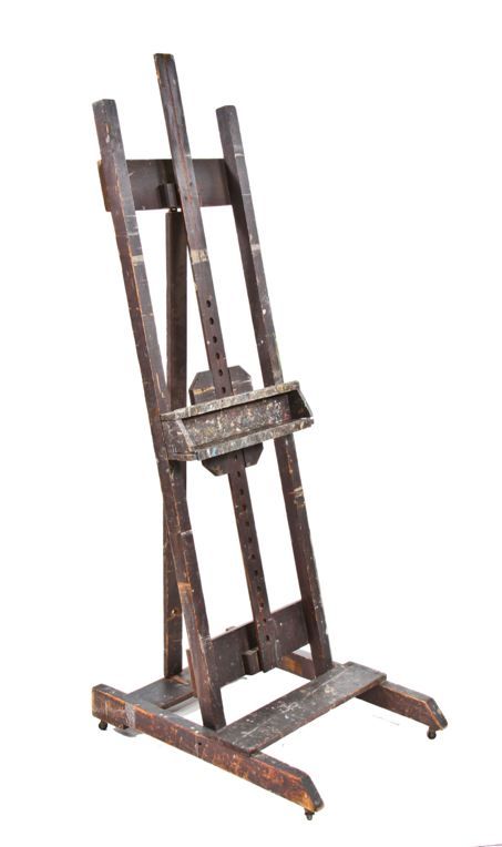 rare late 19th century vintage american industrial freestanding h-frame  oak wood commercial studio easel