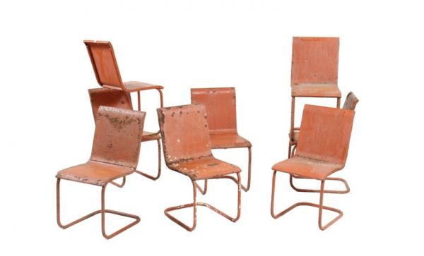 matching lot of 8 c. 1940's american streamlined style tubular steel cantilever chairs with nicely distressed orange paint finish 