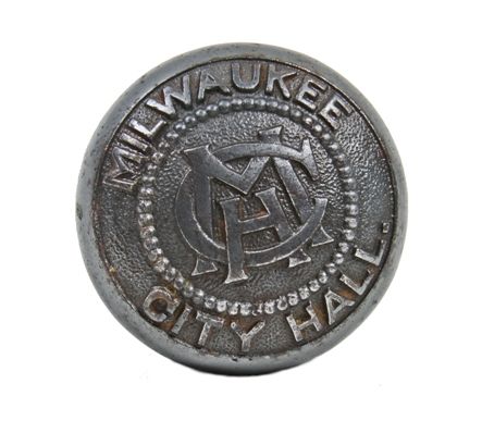 original c. 1895 ornamental cast iron milwaukee city hall office door monogrammed doorknob with bower-barff finish 