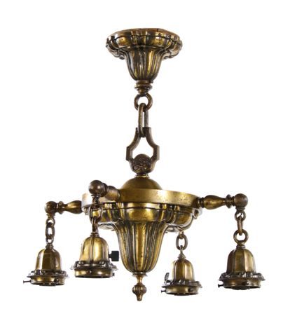 original early 20th century antique american ornamental brass four-light pan ceiling fixture with intact flemish black finish