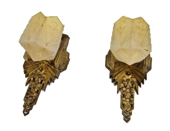 two original american art deco interior theater lobby slip shade wall mount sconces with metallic gold finish