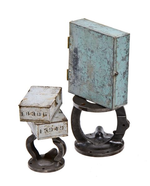 group of three c. 1920's vintage industrial "small parts" tin metal containers with hinged doors