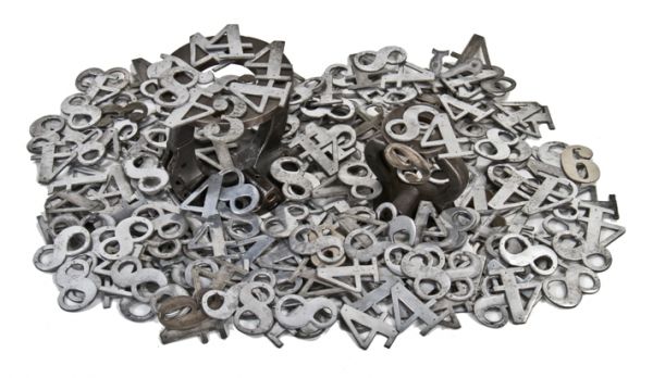 hundreds of original vintage industrial c. 1930's "new old stock" die cut nickel-plated bronze and aluminum residential house numbers