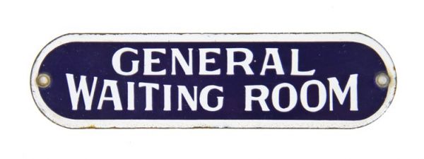 rare early 20th century single-sided cobalt blue porcelain enameled "general waiting room" train depot sign 