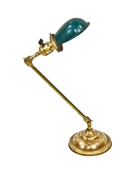 fine early 20th century yellow brass factory office desk or table lamp with hubbell "slim helmet" reflector 