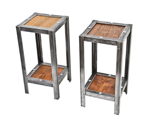 two matching repurposed vintage industrial welded joint angled steel two tier side tables complete with recycled barn wood 