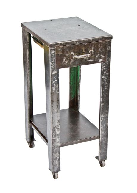 remarkably heavy c. 1930's vintage industrial angled steel portable shop cart with single pull-out drawer 