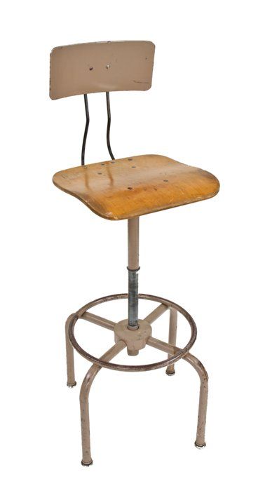 remarkably intact and functional c. 1950's vintage industrial telescoping "adjustrite" machine shop stool complete with backrest 