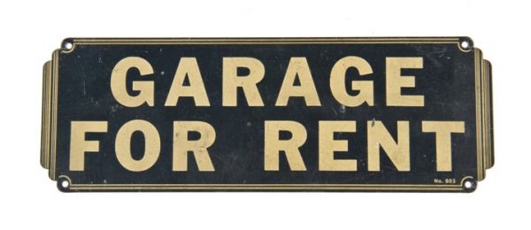 original single-sided c. 1930's art deco style "garage for rent" stamped steel wall mount promotional sign 