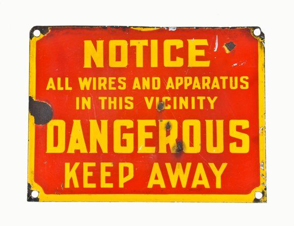 original c. 1930's vintage industrial single-sided porcelain enameled city substation "keep away" electrical hazard danger sign 