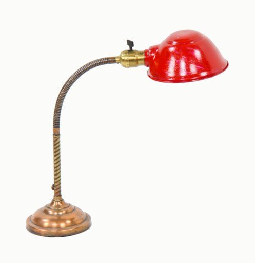 original vintage c. 1910's american industrial flexible brass gooseneck arm  table or desk lamp with original rolled rim parabola-shaped reflector