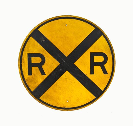 oversized vintage industrial single-sided die cut steel brightly colored advance warning railroad crossing sign 