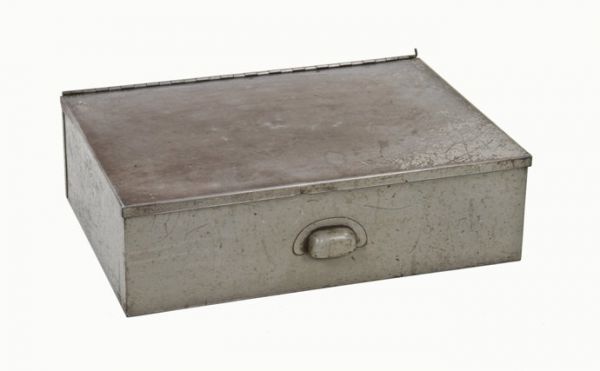 late 1940's vintage industrial factory foreman portable "desk" with hinged metal top and single welded joint steel pull