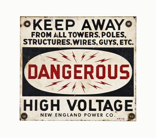 original double-sided vintage hydroelectric substation "high voltage" die cut steel enameled danger sign 