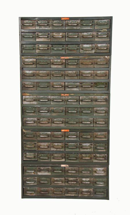colossal late 1940's american industrial olive green enameled multi-drawer "small parts" cabinet assembly 